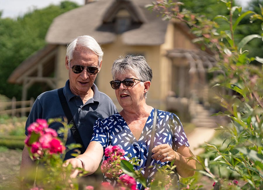 Looking at flowers outside of Marie-Anoinette's estate